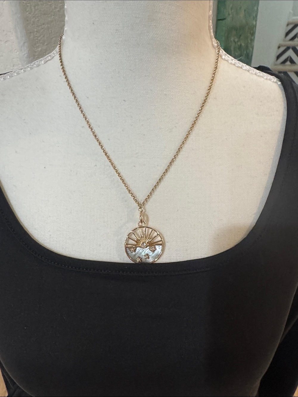 Gold Sunburst Pendant Necklace with Mother-of-Pearl Accent Fashion Jewelry